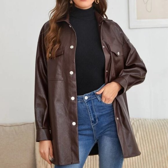 Tall Button Front Flap Pocket Drop Shoulder PU Leather Coat - Picture 4 of 4